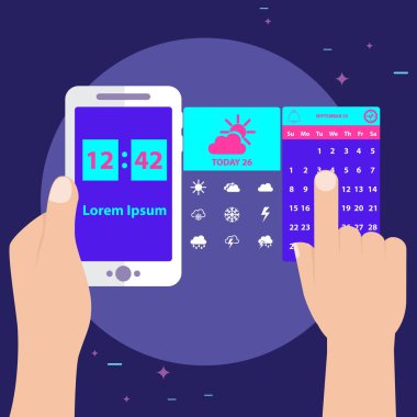 Saat ve Tarih ile mobil holding eller vektör çizim.