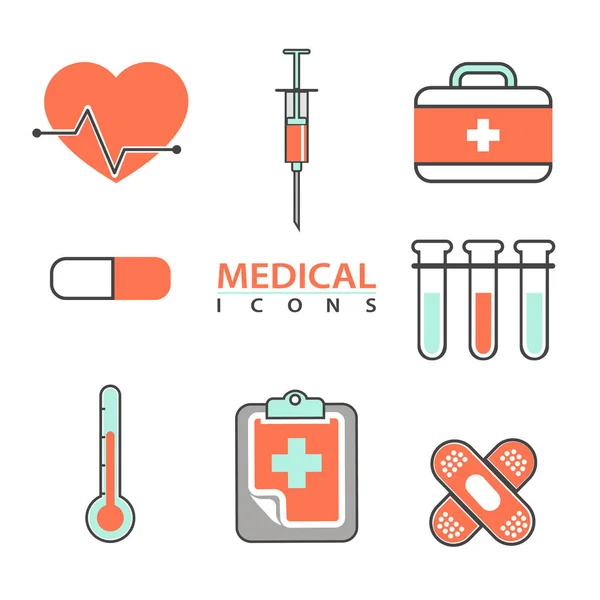 Flache Medizinische Symbole Konzeptsatz Von Medizinischer Versorgung Diagnose Und Behandlung — Stockvektor
