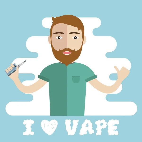 Sorrindo Homem Hipster Barbudo Segurando Vape Vaporizador Vaporizando Com Nuvem — Vetor de Stock