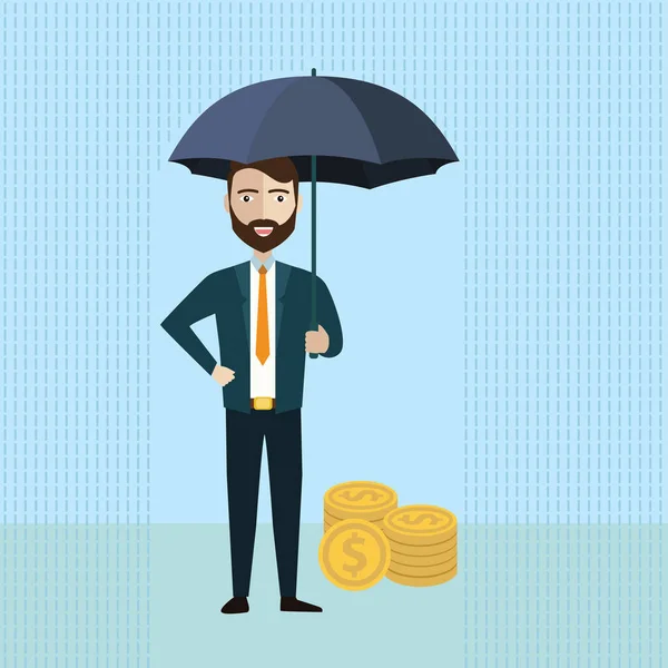 Uomo d'affari con un ombrello per proteggere i soldi. Illustrazione vettoriale del concetto di risparmio finanziario e assicurativo — Vettoriale Stock