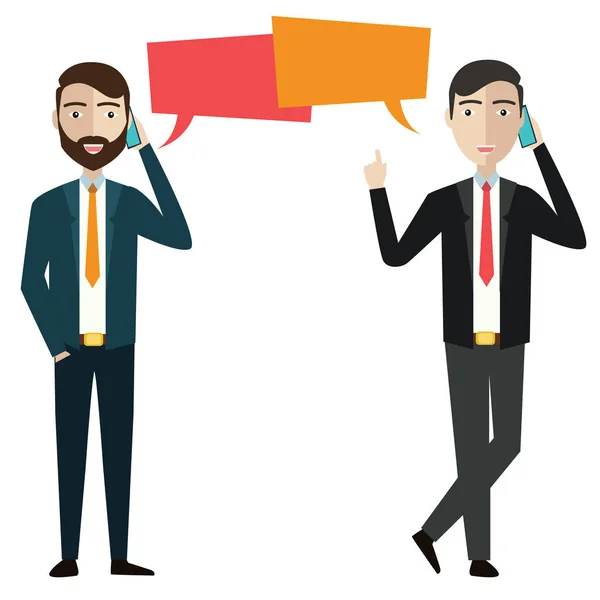 Dois empresários comunicam-se por telefone. Conceito de comunicação. Ilustração vetorial - Vetor —  Vetores de Stock