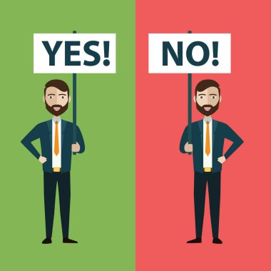 Evet ve afiş olmayan iki iş adamı. Vektör illüstrasyon-vektör illüstrasyon