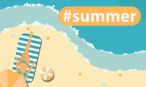 Vrouw zonnen op het strand en ontspannen onder paraplu hashtag zomer — Stockvector