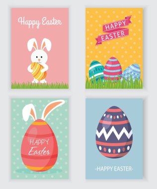 Boyanmış yumurta, tavşan kulağı ve doğa mavisi arka planda tipografi unsurlarıyla Vector Easter Party Flyer Illustration. Bahar tatili poster tasarımı şablonu