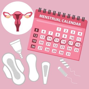 Pamuk tamponlar, adet fincan ile adet takvimi. Kadın hijyeni koruması. Kadın kritik günleri. Set kadın s kişisel hijyen vektör illüstrasyon, kadınsı hijyen pedleri, rahim anlamına gelir