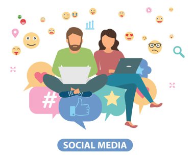 Vektör illüstrasyon kavramı sosyal medya. Web reklam, pazarlama malzemeleri, halkla ilişkiler iş sunumu için yaratıcı düz tasarım.