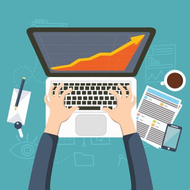 Borsa analizi, finans, düz tarz illüstrasyon. Para yatırımı, küresel ekonomi, pazar haberleri. Eski alım-satım ipuçları. Yatırım bankacılığı. Gelecek piyasa ticareti. Finansal yatırım.