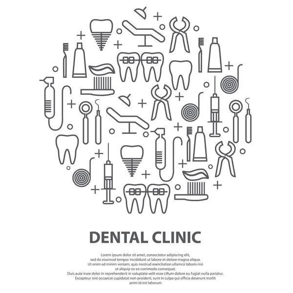 Conceito de dentista em círculo com ícones de linha fina de dente, implante, fio dental, coroa, pasta de dentes, equipamentos médicos. Ilustração vetorial moderna para banner, página web, mídia impressa . — Vetor de Stock