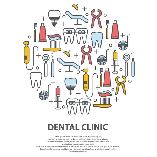 Dentist concept in circle with thin line icons of tooth, implant, dental floss, crown, toothpaste, medical equipment. Modern vector illustration for banner, web page, print media. — Stock Vector