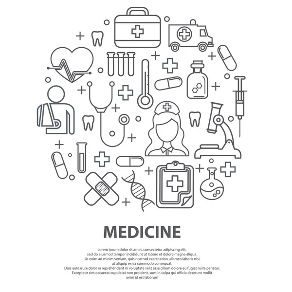 Concepto de atención de salud con iconos de línea delgada relacionados con hospital, clínica, laboratorio. Ilustración vectorial para conclusión, banner, página web . — Archivo Imágenes Vectoriales