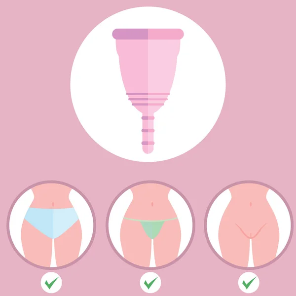 Infografiki menstruacyjny kubek. Menstruacyjny kubek-kobiecy produkt higieniczny, urządzenie do zbierania krwi podczas miesiączki i okresu — Wektor stockowy