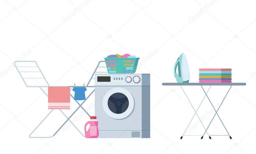 Laundry Washing room modern colorful vector illustration
