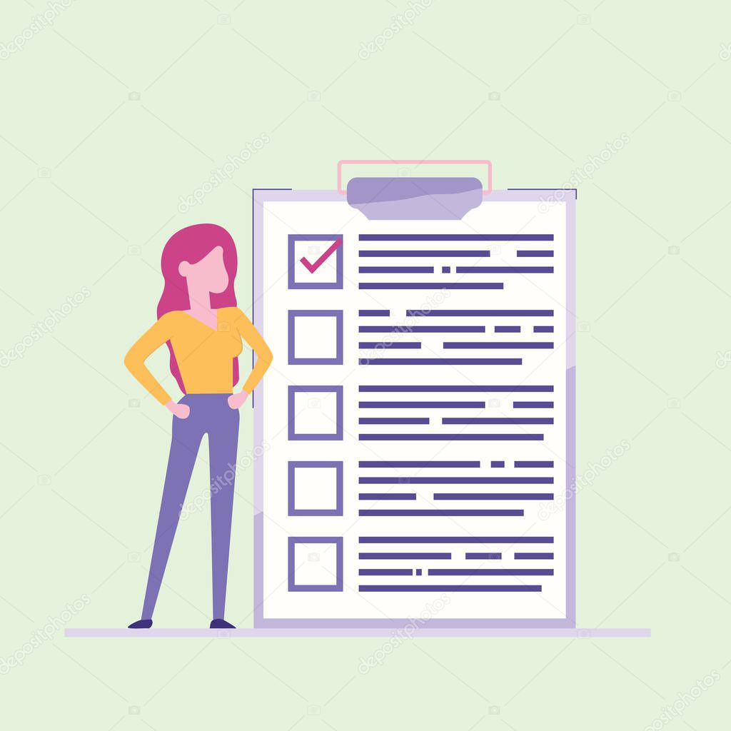 business woman nearby marked checklist on a clipboard paper. Successful completion of business tasks. Flat vector illustration.