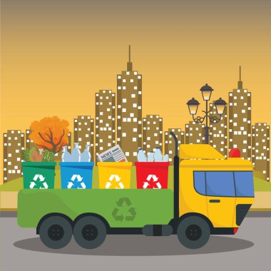 ruck ulaşım çöp. Araba atıkları bertaraf. Çeşitli çöpler için konteyner olabilir. Atık ayrıştırma sıralaması. Geri dönüşüm ve kullanım ekipmanları. Atık yönetimi. illüstrasyon düz stil