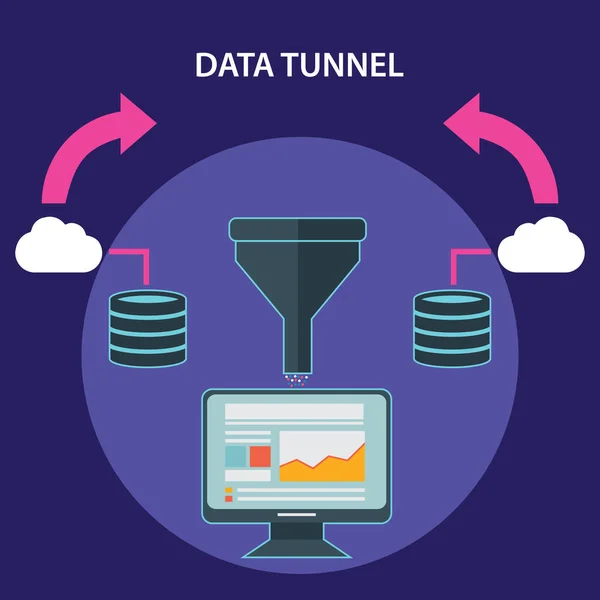 Conceptos para el proceso creativo, filtro de big data, túnel de datos y análisis. Ilustración vectorial plana — Vector de stock