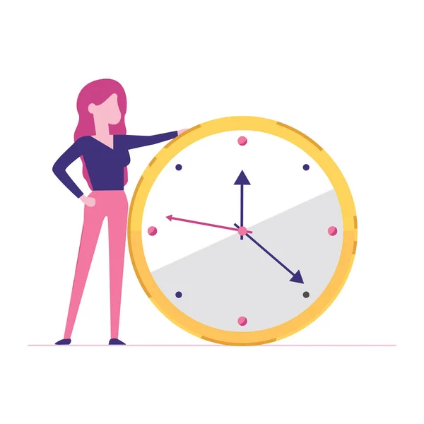 Portret van een zakenvrouw die een horloge vasthoudt. Concept van time management. — Stockvector