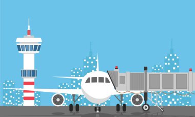 Plane before takeoff. Airport control tower, jetway, terminal building and parking area. Cityscape. Sky with clouds and sun. Vector illustration in flat style - Vector clipart