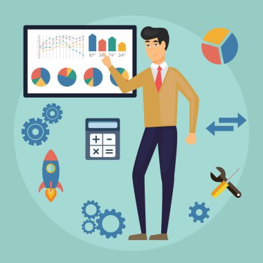 Hoparlör gemide çizgi grafik ile ders veren. İş adamı, diyagram, grafik, analiz. İş, sunum, ders gibi konularda kullanılabilir - Vektör