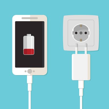 Akıllı telefon şarj adaptörü ve elektrik soketi, düşük pil bildirimi, düz tasarım illüstrasyon - Vektör