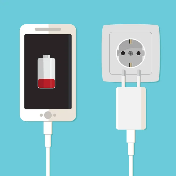 Smartphone lader adapter en elektrische socket, lage batterij melding, platte ontwerp illustratie-vector — Stockvector