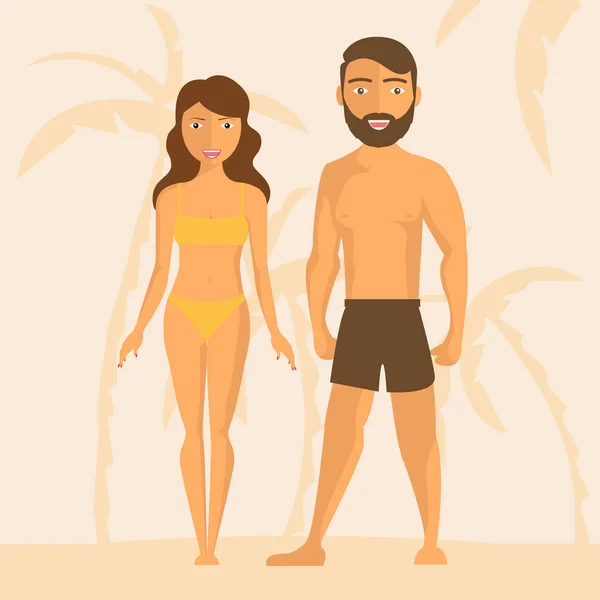 Beautiful couple of lovers characters on the beach. Vector flat cartoon illustration - Vector — Stock Vector