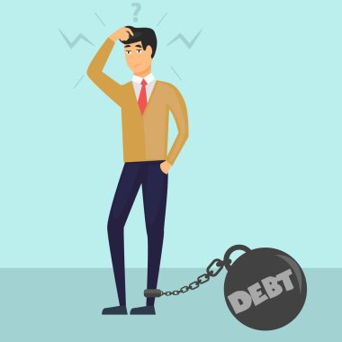 İşadamı büyük top ve zincir ile sıkışıp ediliyor , mesaj borç ile . İflas, başarısızlık veya borçta iş kavramı