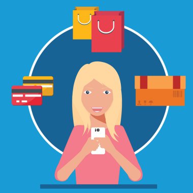 Alışveriş için akıllı telefon kullanan bir kadın. Mobil ticaret konsepti. Vektör illüstrasyonu.