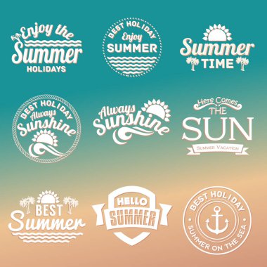 Yaz etiketleri, logolar, elle çizilmiş etiketler ve öğeleri yaz tatili, seyahat, plaj tatili, güneş için ayarlanmış. Vektör illüstrasyon. - Vektör