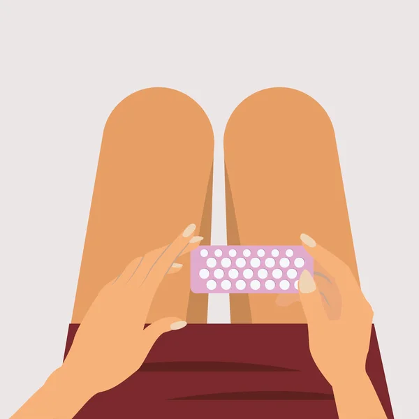 Woman holding contraceptive pills in the bed room., Health and medical concept — 스톡 벡터