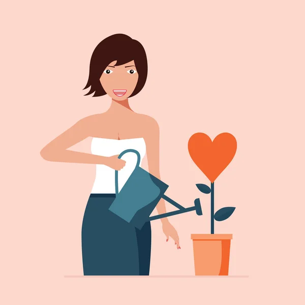 Woman watering plant with heart shape. Love concept - Vector — 스톡 벡터
