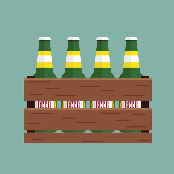 Caixa de madeira com garrafas de cerveja. Um pacote de ícone de cerveja. Ilustração plana vetorial isolada sobre fundo branco - Vetor — Vetor de Stock