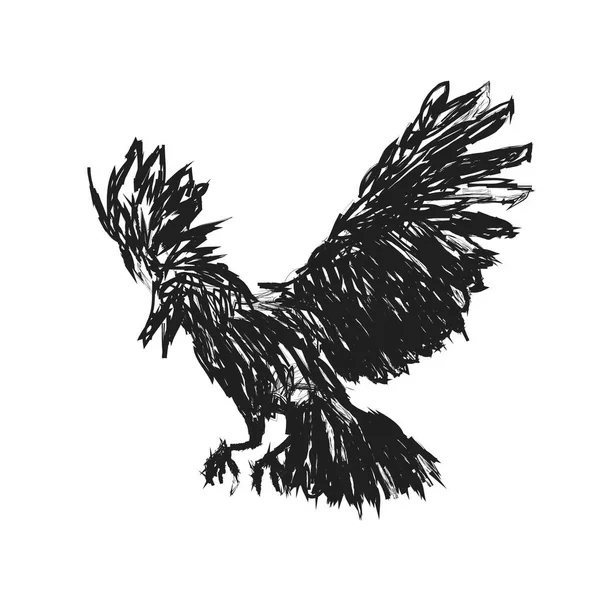 Gedetailleerde kraaien geschilderd in inkt op een witte achtergrond. Crow vleugels, grunge. Een gedetailleerde Raven met vleugels. Grijstinten. -Vector — Stockvector