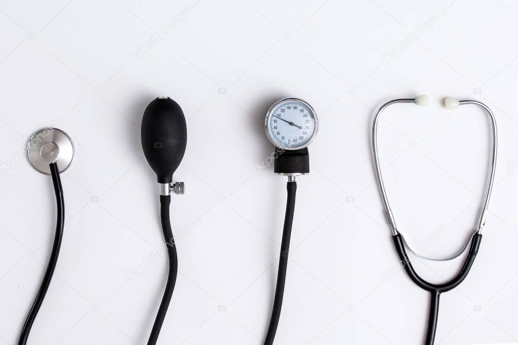 Medical Blood Pressure device. Medical and hospital concept. Stethoscope on white background. phonendoscope for doctor. Stethoscope bright background. Close up equipment medical Stethoscope.