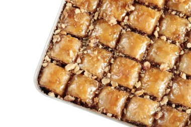 Geleneksel Türk Baklava Tatlısı. Ceviz, Pistachio Türk Tarzı Antep Baklava Sunumu. Türk mutfağından Baklava.