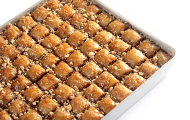 Geleneksel Türk Baklava Tatlısı. Ceviz, Pistachio Türk Tarzı Antep Baklava Sunumu. Türk mutfağından Baklava.