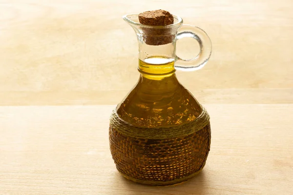 Olive Oil Bottle Wooden Table — Stock Photo, Image