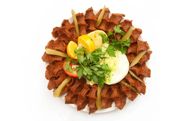 Una Famosa Comida Tradicional Turca Raw Kofta Cig Kofte Plato — Foto de Stock