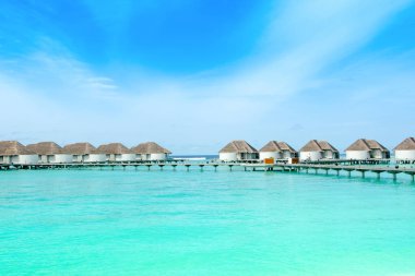 Lhaviyani Atoll, Maldives - 12 Temmuz 2018: Su Villa lüks otel, Kanuhura Adası üzerinde güzel manzara