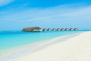 Lhaviyani Atoll, Maldives - 12 Temmuz 2018: Su Villa lüks otel, Kanuhura Adası üzerinde güzel manzara