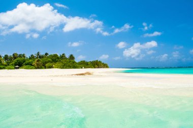 Şezlong ve şemsiyeler Hint Okyanusu, Maldivler Island ile güzel kumlu plaj