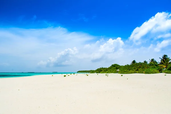 Krásná Písečná Pláž Lehátky Slunečníky Indickém Oceánu Maledivy Ostrov — Stock fotografie