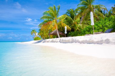 Şezlong ve şemsiyeler Hint Okyanusu, Maldivler Island ile güzel kumlu plaj