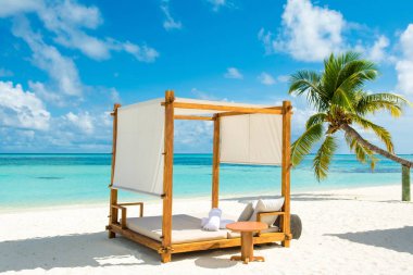 Güzel kumlu plaj şezlong Hint Okyanusu, Maldivler Island ile