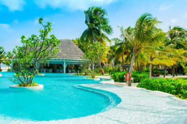 Lhaviyani Atoll, Maldives - 13 Temmuz 2018: havuzda şezlong ve şemsiyeler palmiye ağaçları gölgesinde ile Hint Okyanusu kıyısında alanı