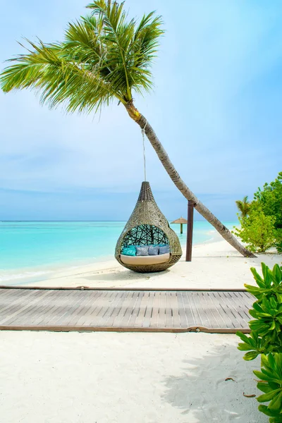 Hermoso Paisaje Playa Arena Océano Índico Columpio Madera Una Cuerda — Foto de Stock