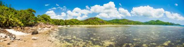 Kumlu bir plajın güzel tropik manzarası, Seyşeller