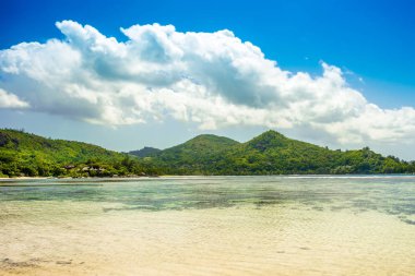 Kumlu bir plajın güzel tropik manzarası, Seyşeller