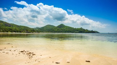 Kumlu bir plajın güzel tropik manzarası, Seyşeller