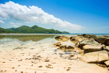 Kayalık bir plaj güzel tropikal manzara, Seyşeller