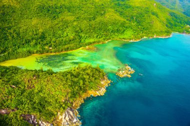 Tropikal Mahe Adası ve güzel lagünlerin havadan görünümü